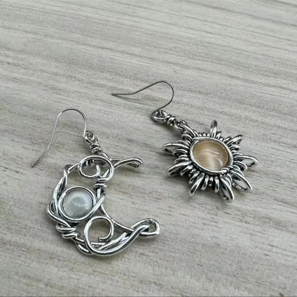 Sun and Moon Boho Silver Plated Earrings